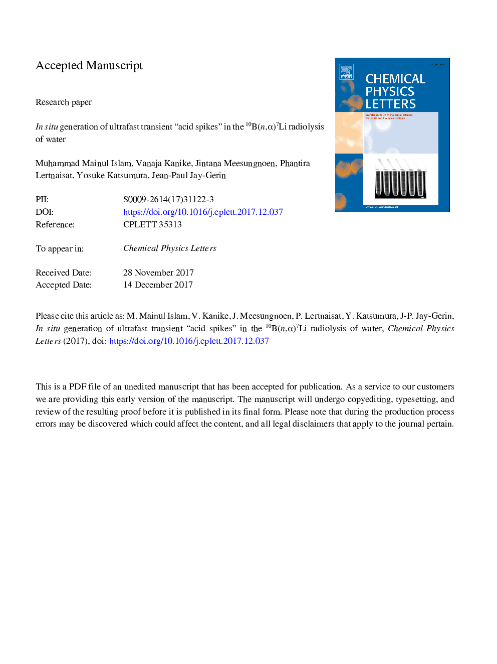 In situ generation of ultrafast transient “acid spikes” in the 10B(n,Î±)7Li radiolysis of water