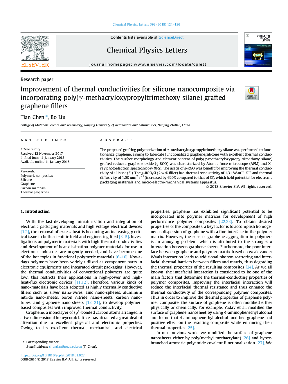 Improvement of thermal conductivities for silicone nanocomposite via incorporating poly(Î³-methacryloxypropyltrimethoxy silane) grafted graphene fillers