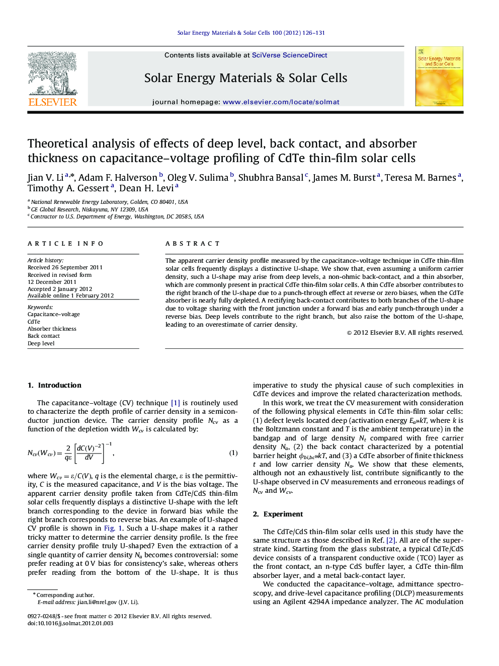 Theoretical analysis of effects of deep level, back contact, and absorber thickness on capacitance–voltage profiling of CdTe thin-film solar cells