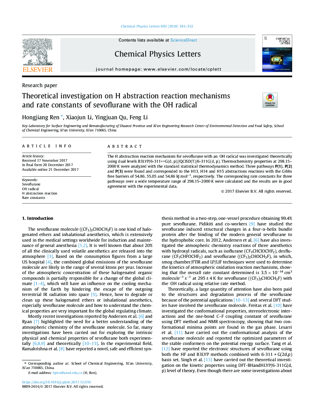 Theoretical investigation on H abstraction reaction mechanisms and rate constants of sevoflurane with the OH radical