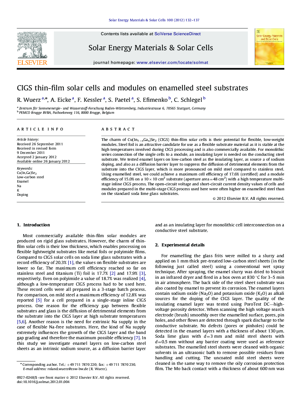 عکس صفحه اول مقاله: CIGS thin-film solar cells and modules on enamelled steel substrates CIGS thin-film solar cells and modules on enamelled steel substrates