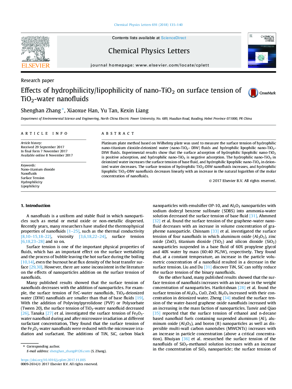 عکس صفحه اول مقاله: Effects of hydrophilicity/lipophilicity of nano-TiO2 on surface tension of TiO2-water nanofluids Effects of hydrophilicity/lipophilicity of nano-TiO2 on surface tension of TiO2-water nanofluids
