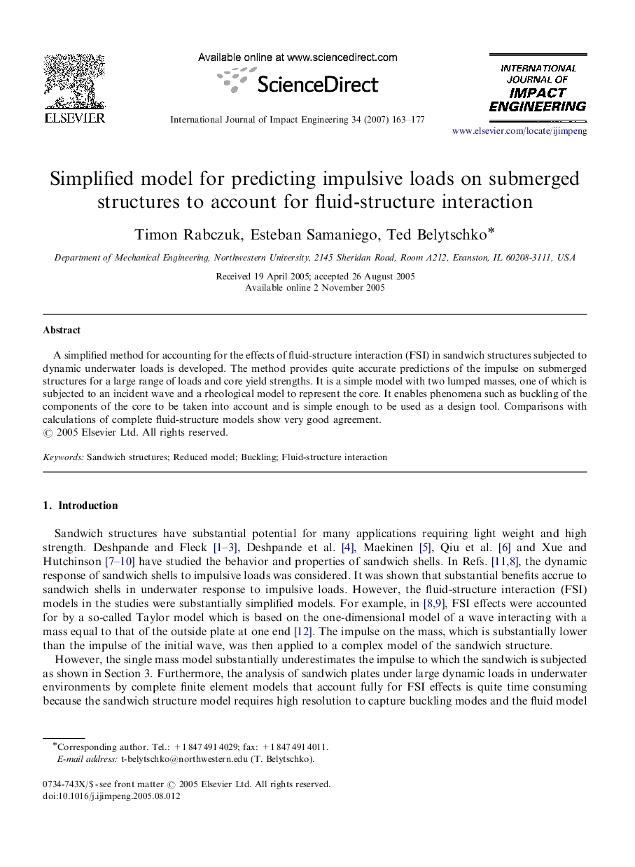 Simplified model for predicting impulsive loads on submerged structures to account for fluid-structure interaction