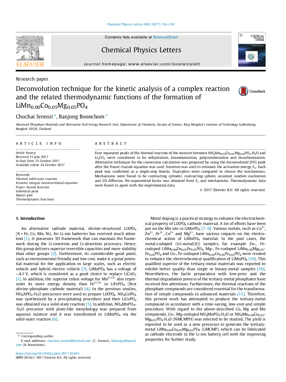 Deconvolution technique for the kinetic analysis of a complex reaction and the related thermodynamic functions of the formation of LiMn0.90Co0.05Mg0.05PO4