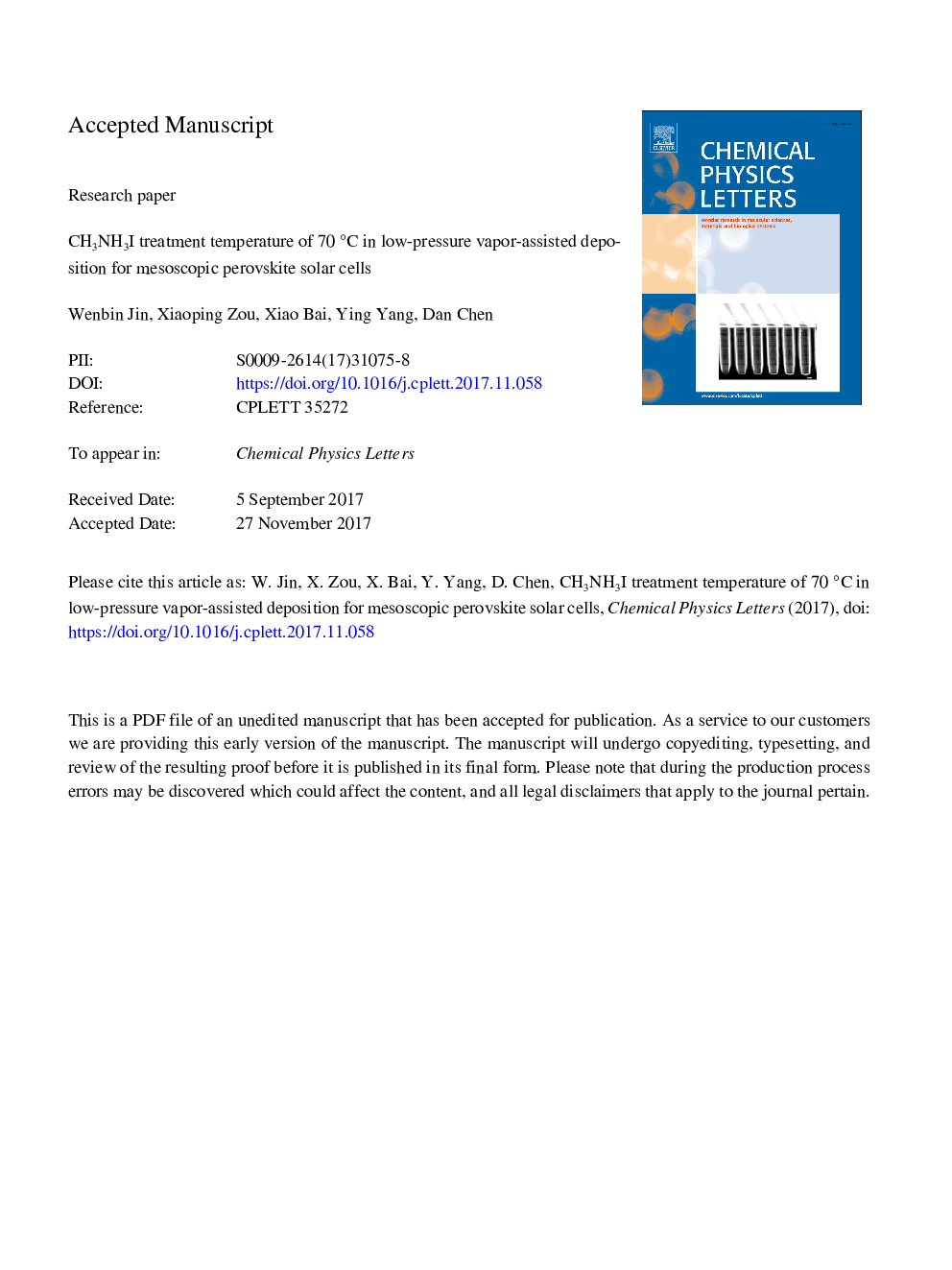 CH3NH3I treatment temperature of 70â¯Â°C in low-pressure vapor-assisted deposition for mesoscopic perovskite solar cells