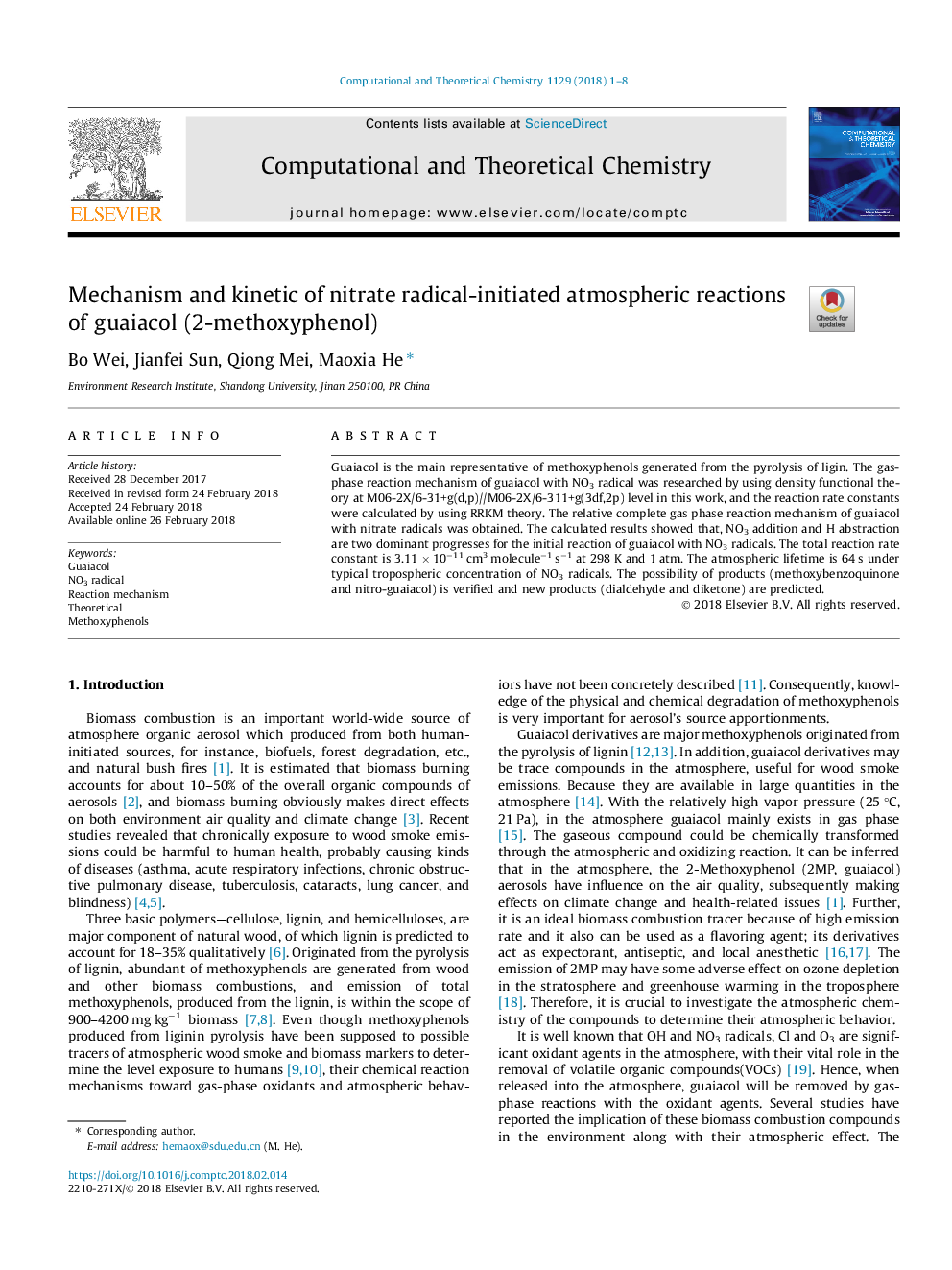 Mechanism and kinetic of nitrate radical-initiated atmospheric reactions of guaiacol (2-methoxyphenol)