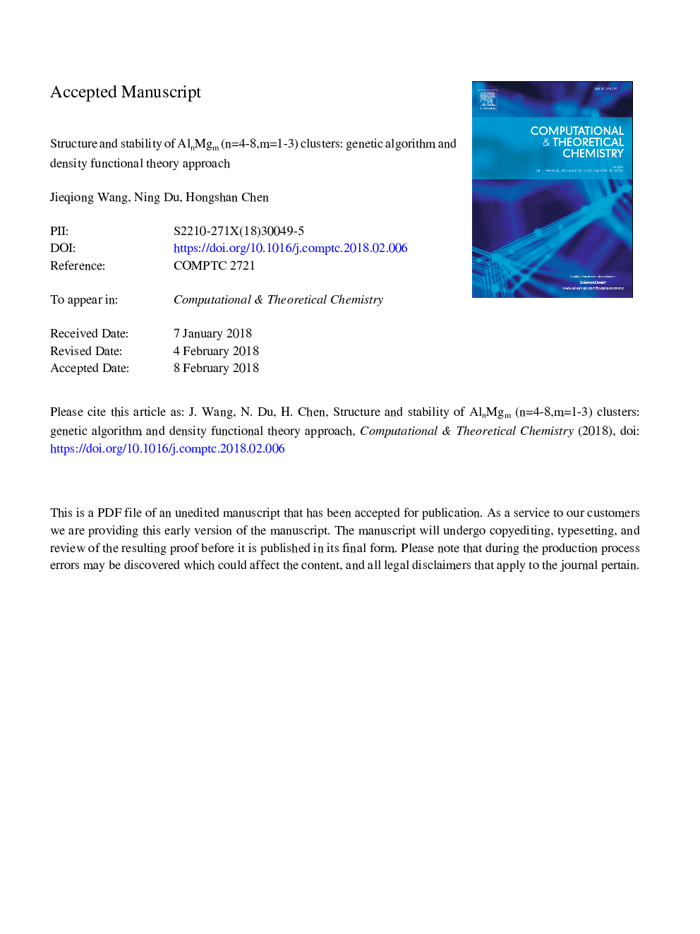 Structure and stability of AlnMgm (nâ¯=â¯4-8, mâ¯=â¯1-3) clusters: Genetic algorithm and density functional theory approach