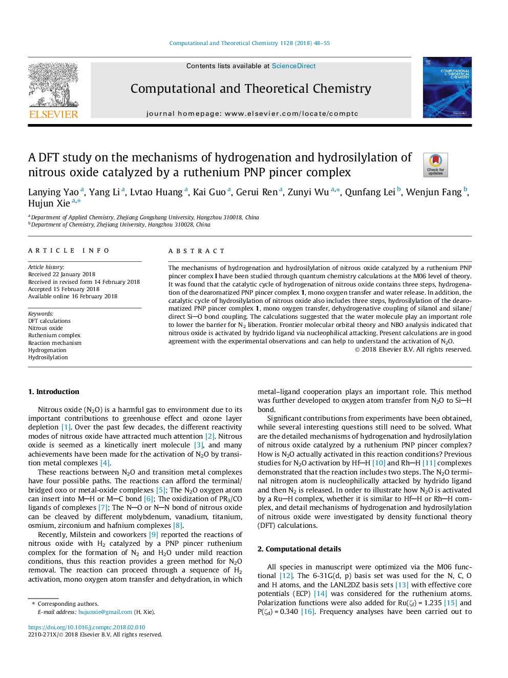 A DFT study on the mechanisms of hydrogenation and hydrosilylation of nitrous oxide catalyzed by a ruthenium PNP pincer complex