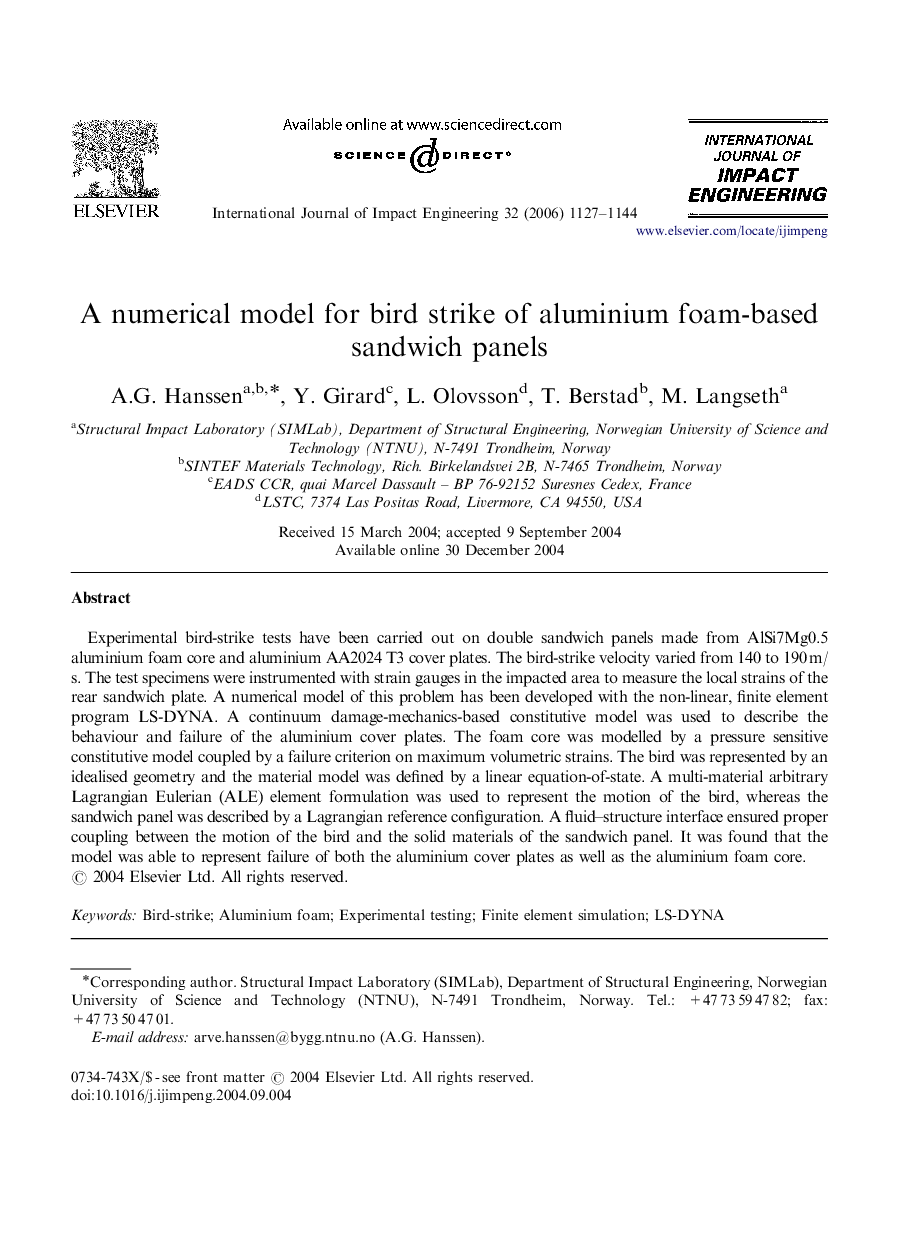 A numerical model for bird strike of aluminium foam-based sandwich panels