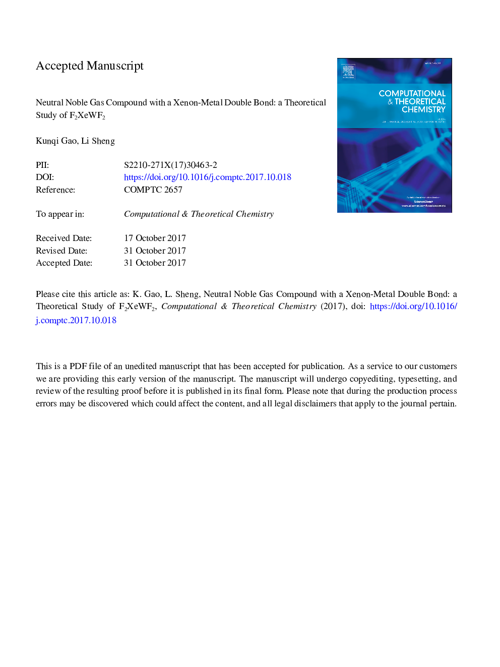 Neutral noble gas compound with a xenon-metal double bond: A theoretical study of F2XeWF2