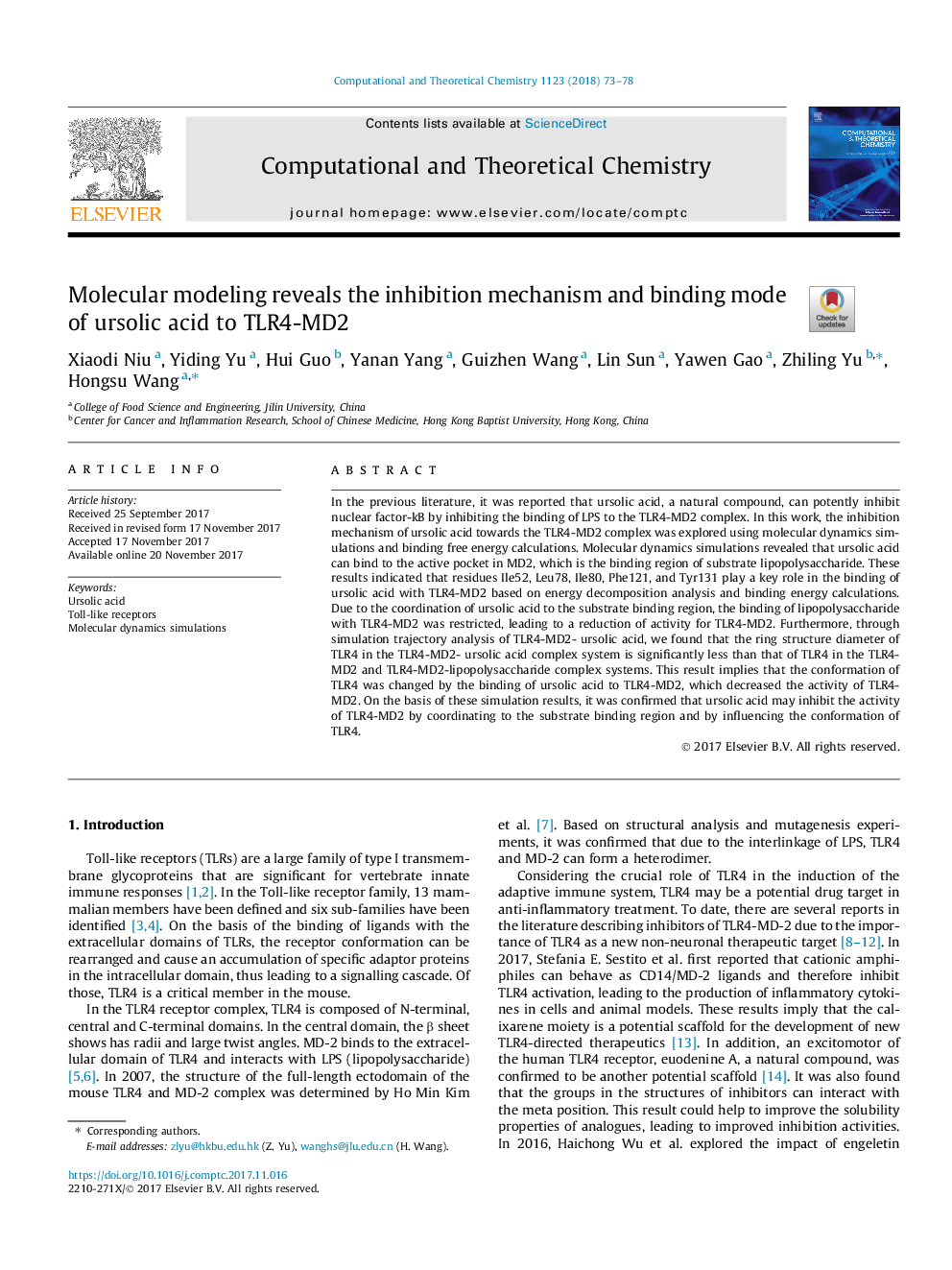 Molecular modeling reveals the inhibition mechanism and binding mode of ursolic acid to TLR4-MD2