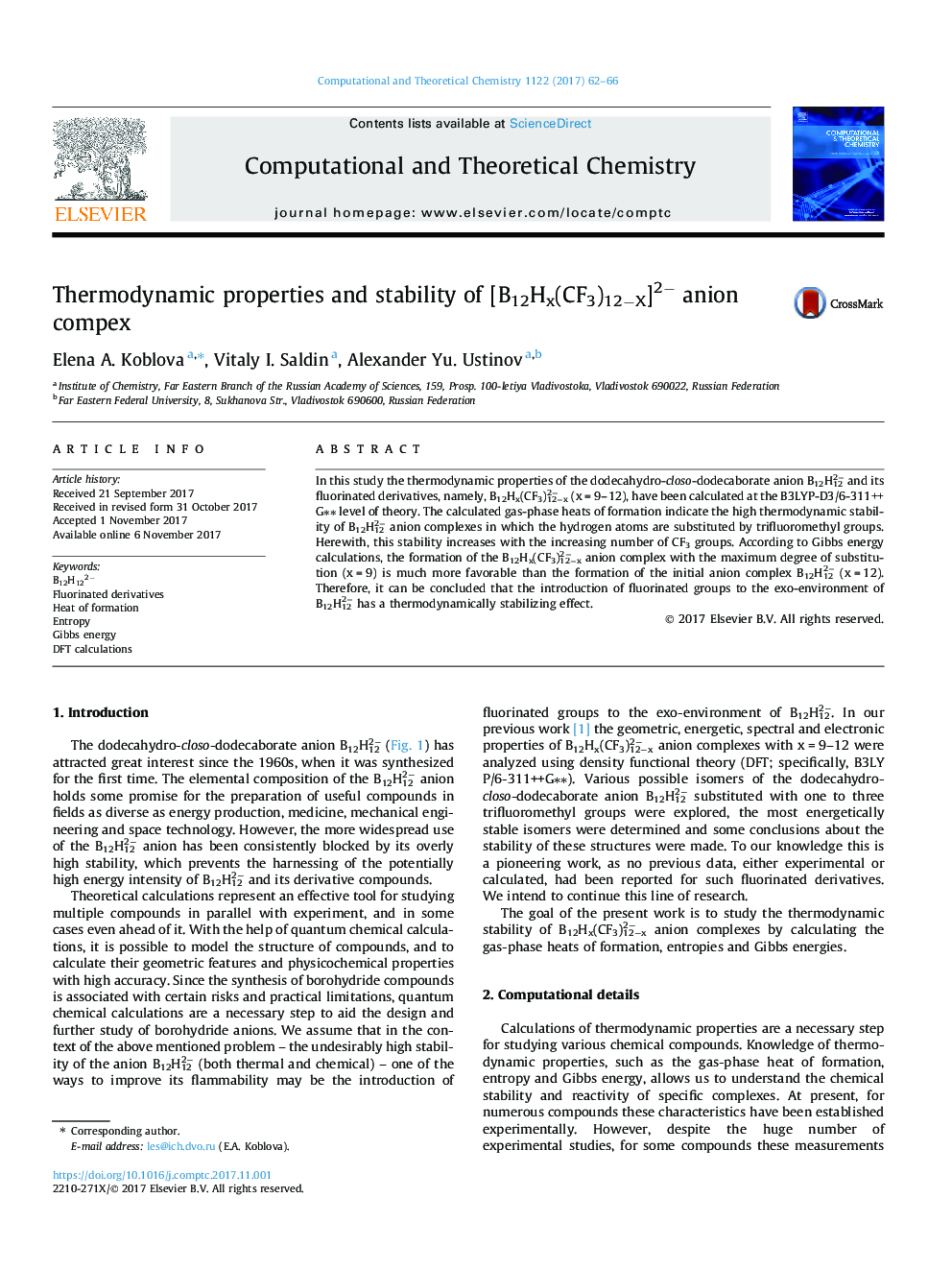 Thermodynamic properties and stability of [B12Hx(CF3)12âX]2â anion complex