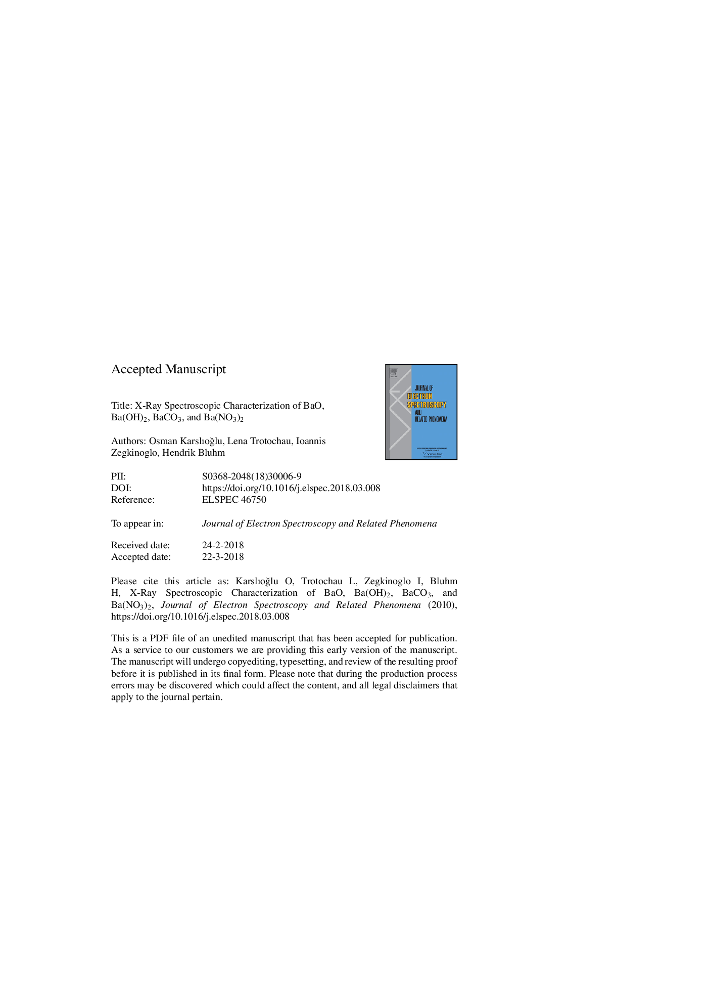 X-Ray Spectroscopic Characterization of BaO, Ba(OH)2, BaCO3, and Ba(NO3)2