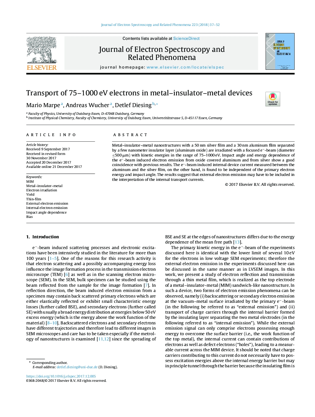 Transport of 75-1000â¯eV electrons in metal-insulator-metal devices