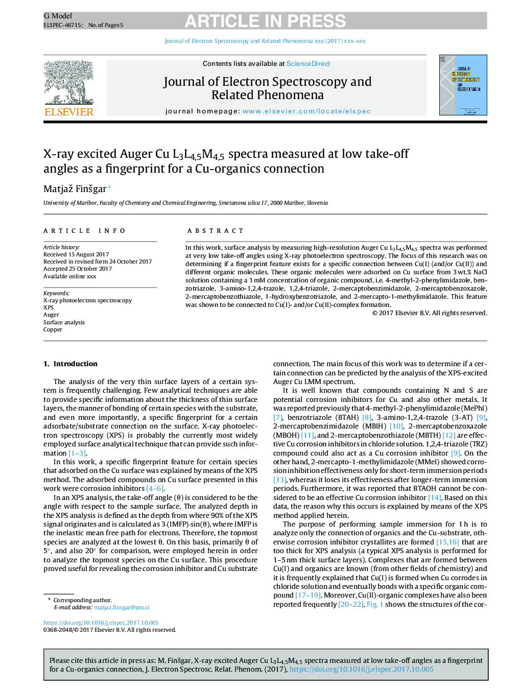 X-ray excited Auger Cu L3L4,5M4,5 spectra measured at low take-off angles as a fingerprint for a Cuâorganics connection