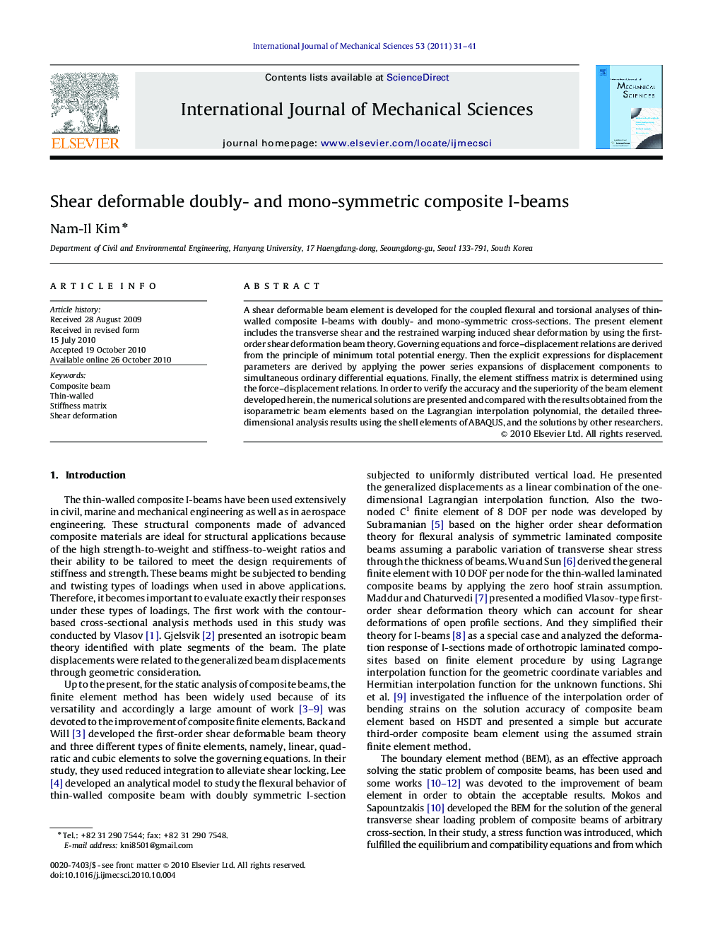 Shear deformable doubly- and mono-symmetric composite I-beams