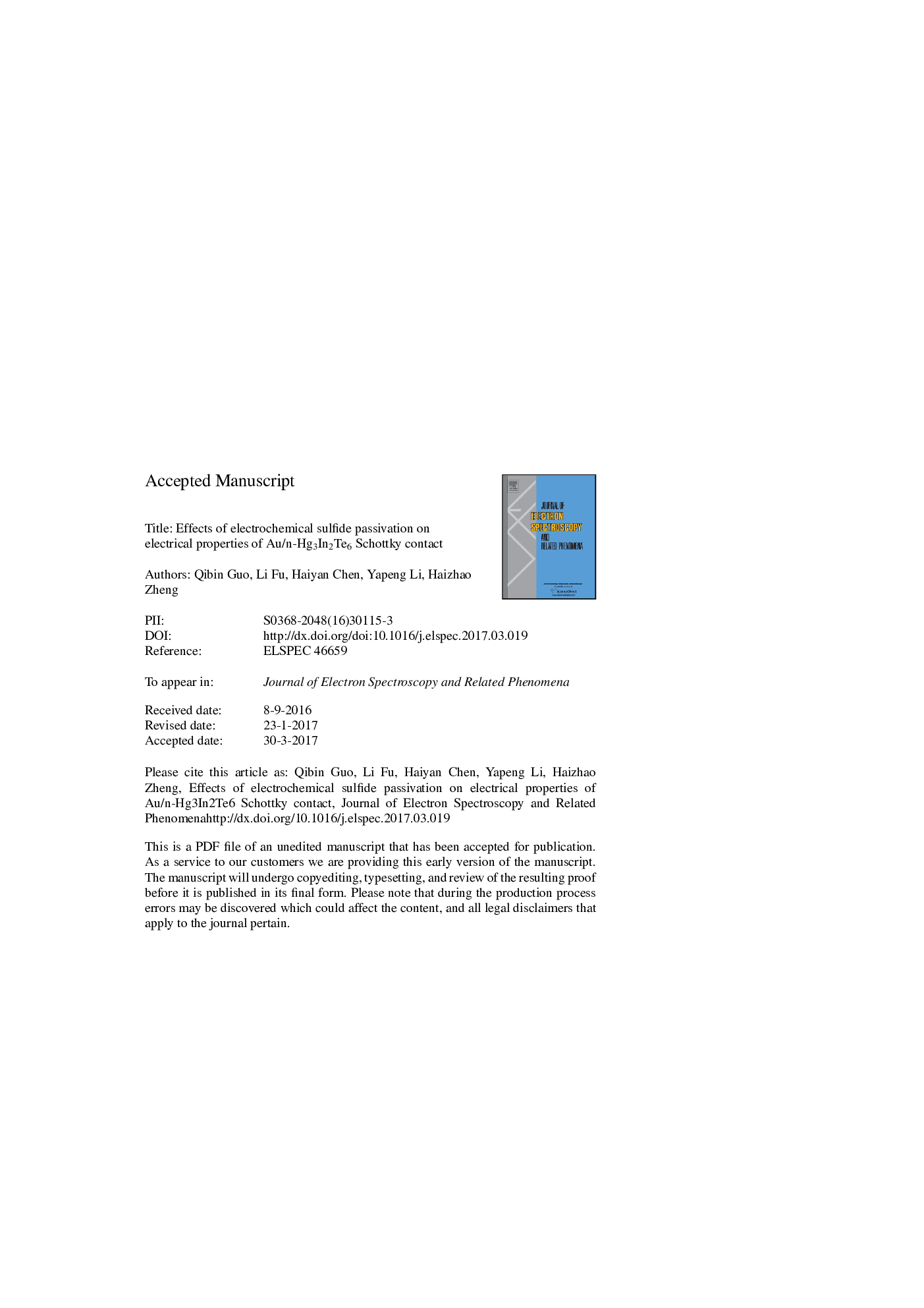 Effects of electrochemical sulfide passivation on electrical properties of Au/n-Hg3In2Te6 Schottky contact