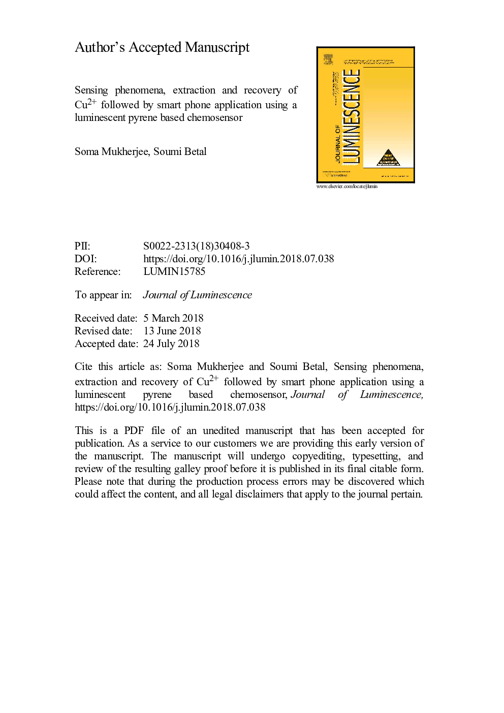 عکس صفحه اول مقاله: Sensing phenomena, extraction and recovery of Cu2+ followed by smart phone application using a luminescent pyrene based chemosensor Sensing phenomena, extraction and recovery of Cu2+ followed by smart phone application using a luminescent pyrene based chemosensor