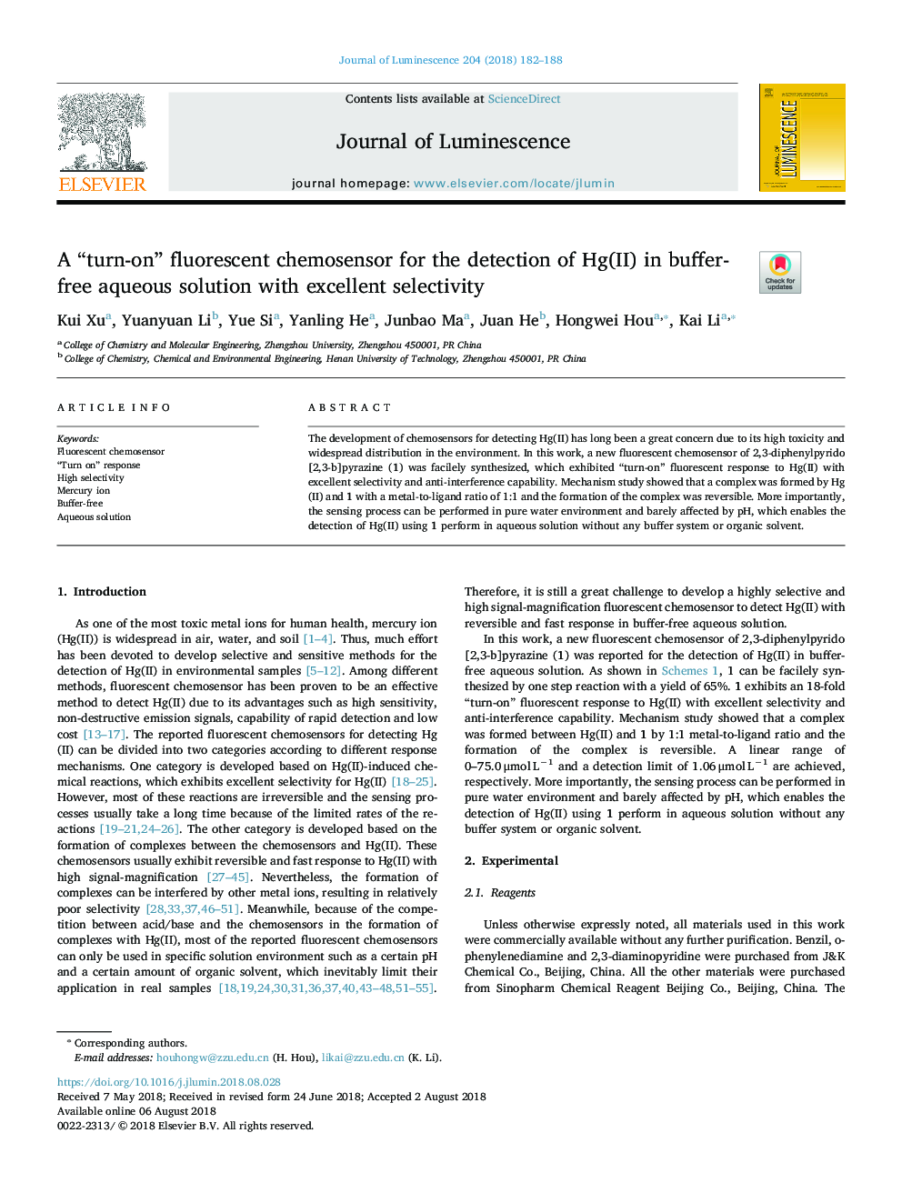 A “turn-on” fluorescent chemosensor for the detection of Hg(II) in buffer-free aqueous solution with excellent selectivity