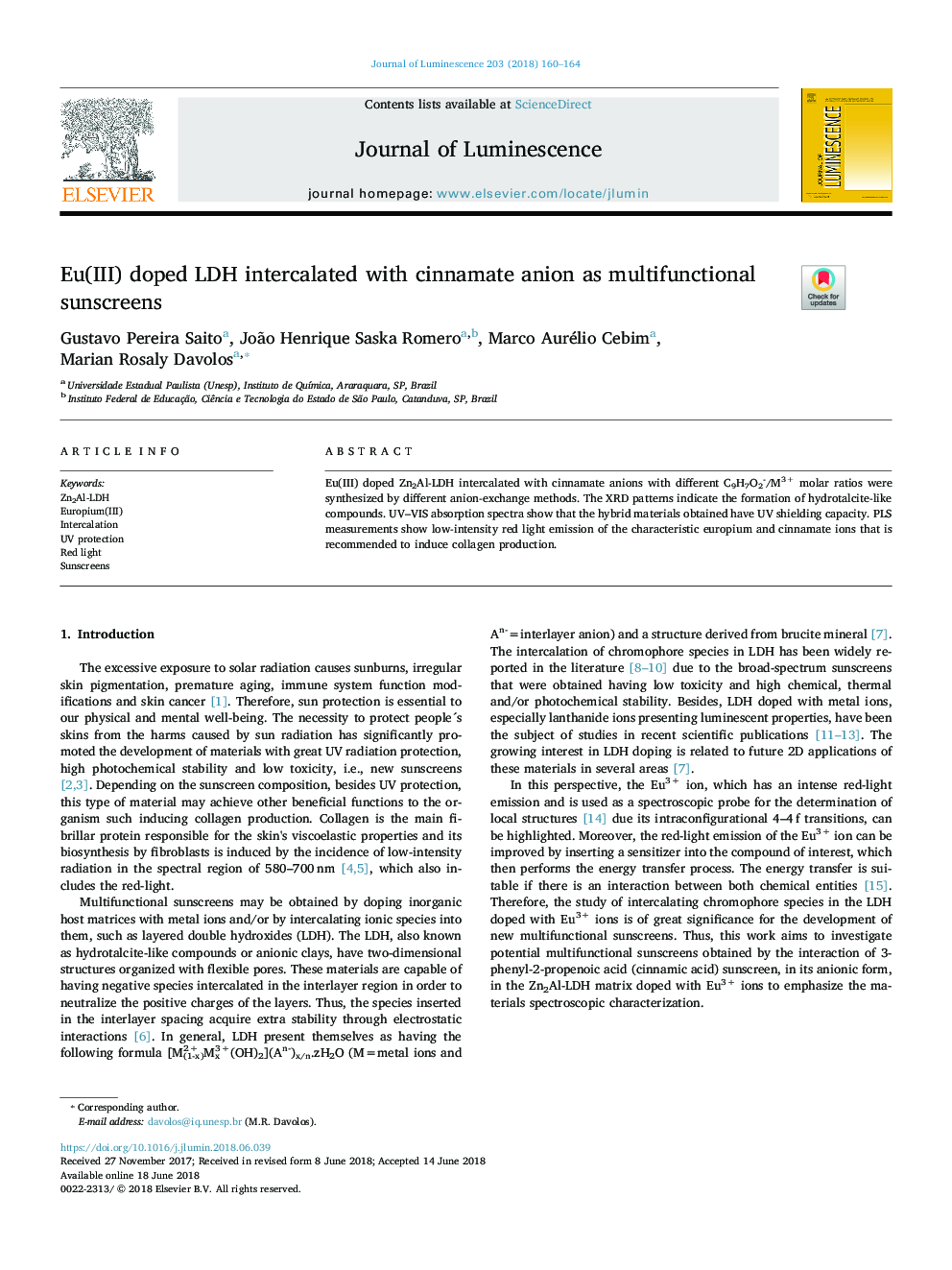 Eu(III) doped LDH intercalated with cinnamate anion as multifunctional sunscreens