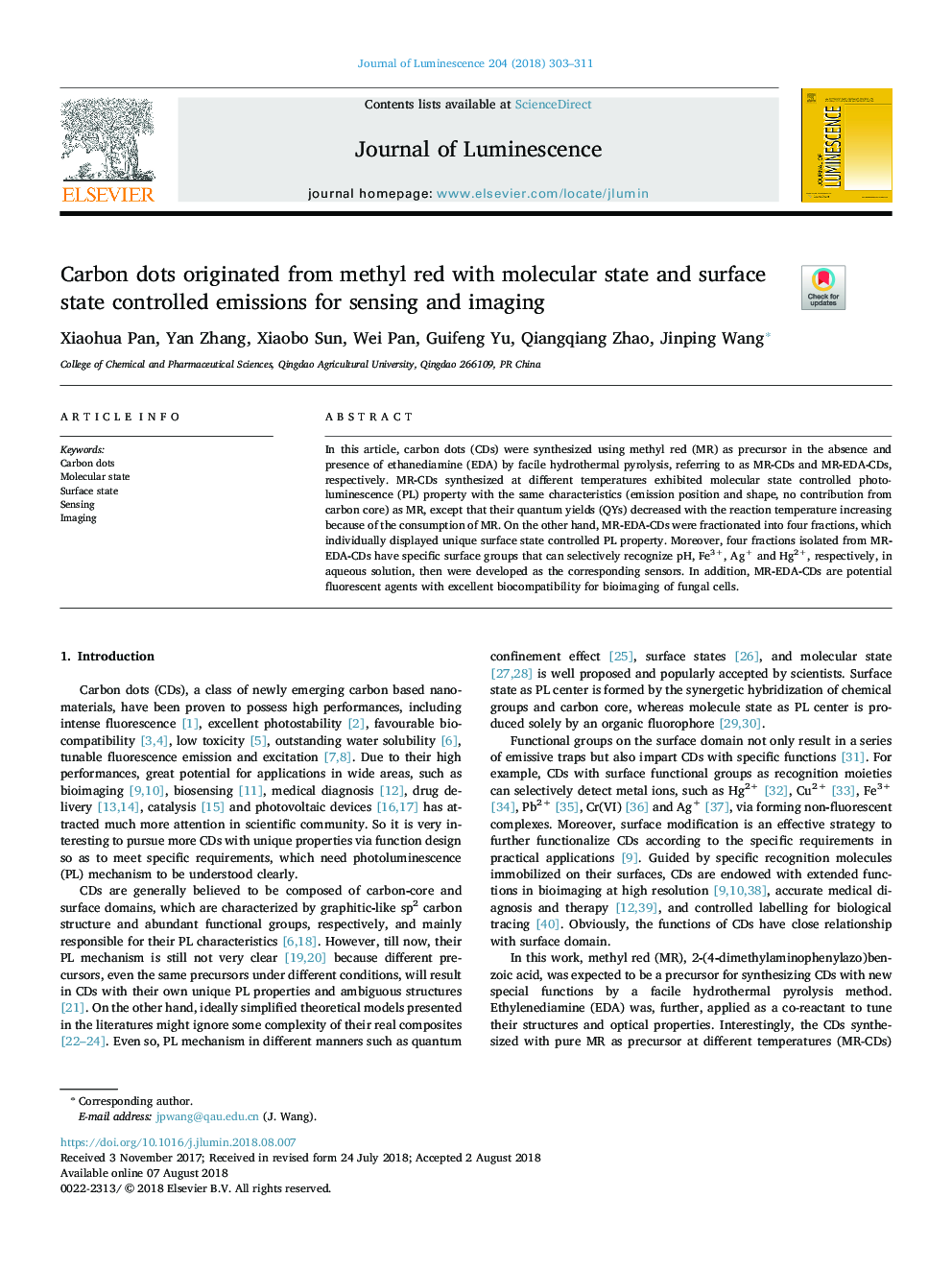 Carbon dots originated from methyl red with molecular state and surface state controlled emissions for sensing and imaging