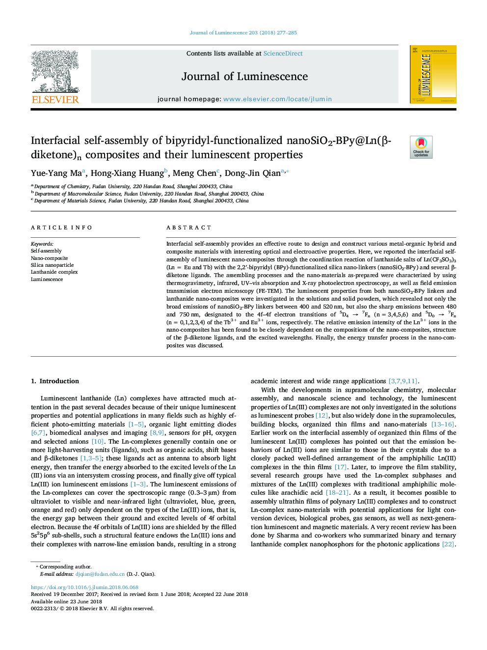 Interfacial self-assembly of bipyridyl-functionalized nanoSiO2-BPy@Ln(Î²-diketone)n composites and their luminescent properties