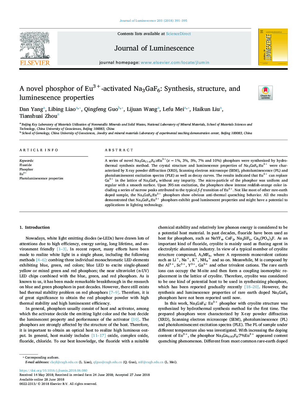 A novel phosphor of Eu3+-activated Na3GaF6: Synthesis, structure, and luminescence properties