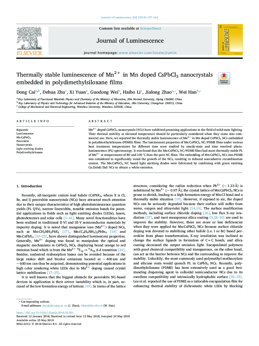 Thermally stable luminescence of Mn2+ in Mn doped CsPbCl3 nanocrystals embedded in polydimethylsiloxane films