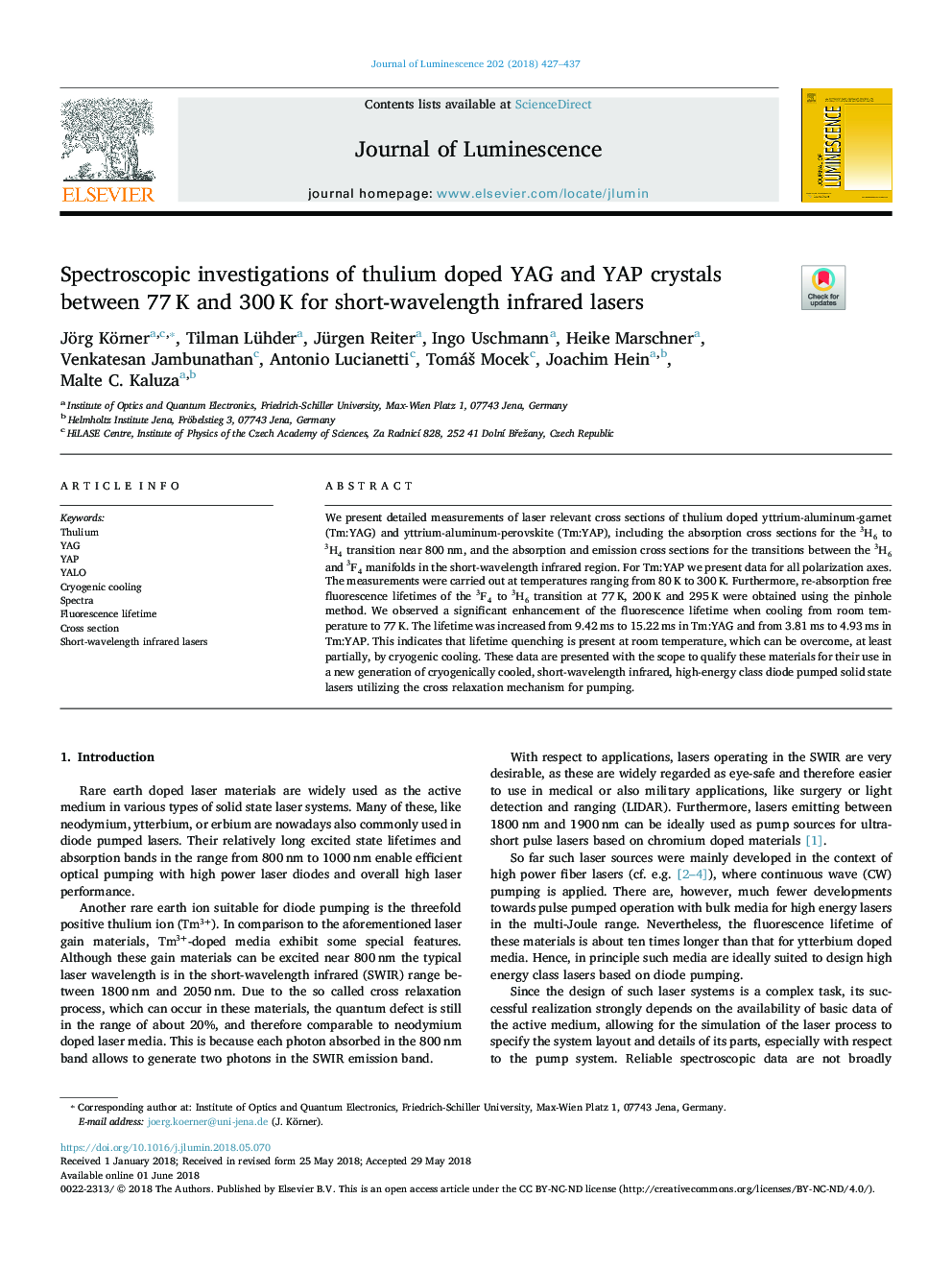 Spectroscopic investigations of thulium doped YAG and YAP crystals between 77â¯K and 300â¯K for short-wavelength infrared lasers