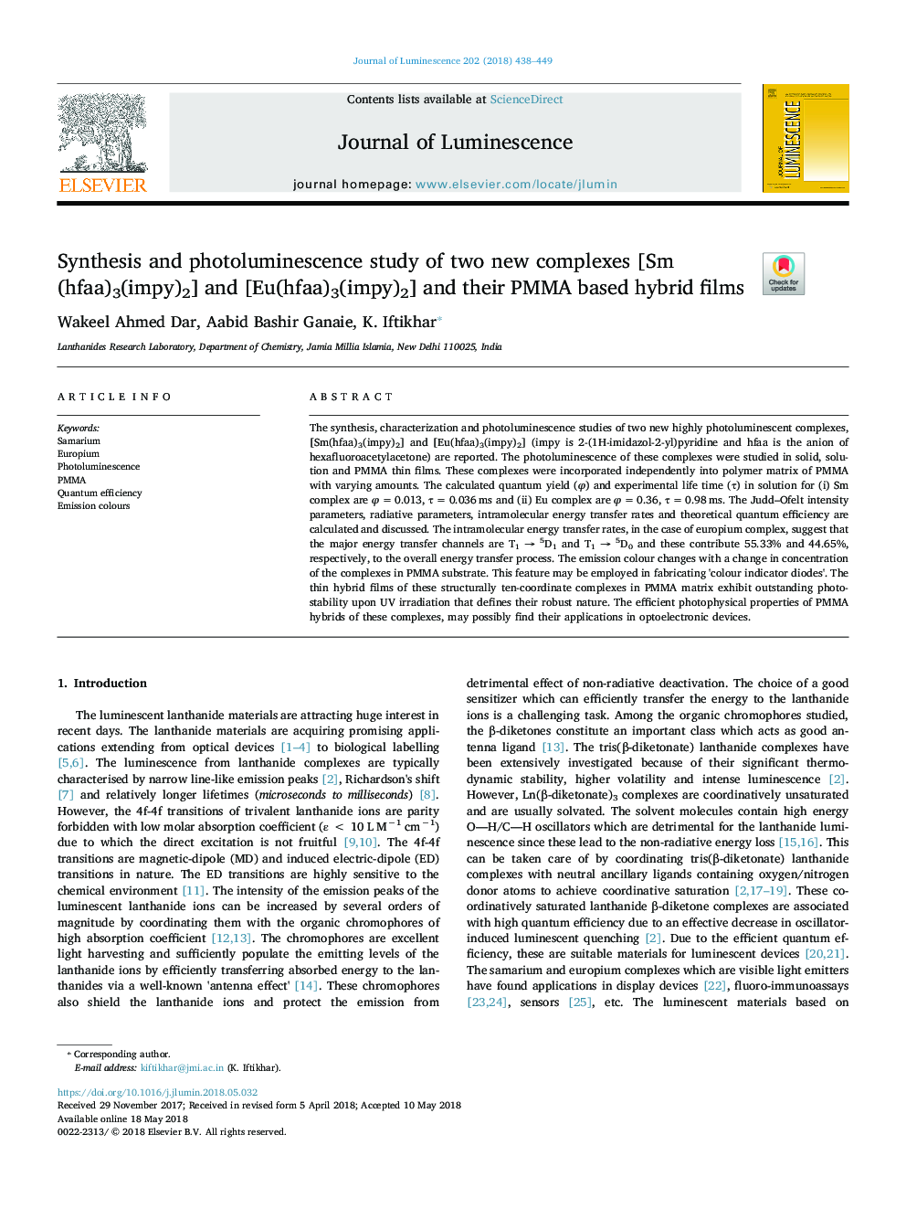 Synthesis and photoluminescence study of two new complexes [Sm(hfaa)3(impy)2] and [Eu(hfaa)3(impy)2] and their PMMA based hybrid films