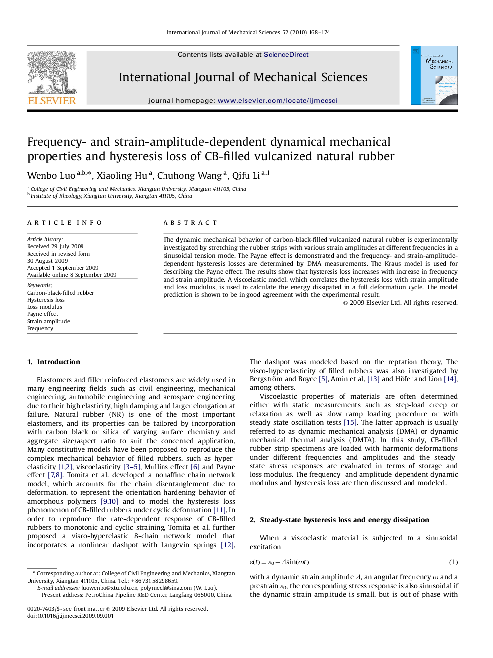 Frequency- and strain-amplitude-dependent dynamical mechanical properties and hysteresis loss of CB-filled vulcanized natural rubber