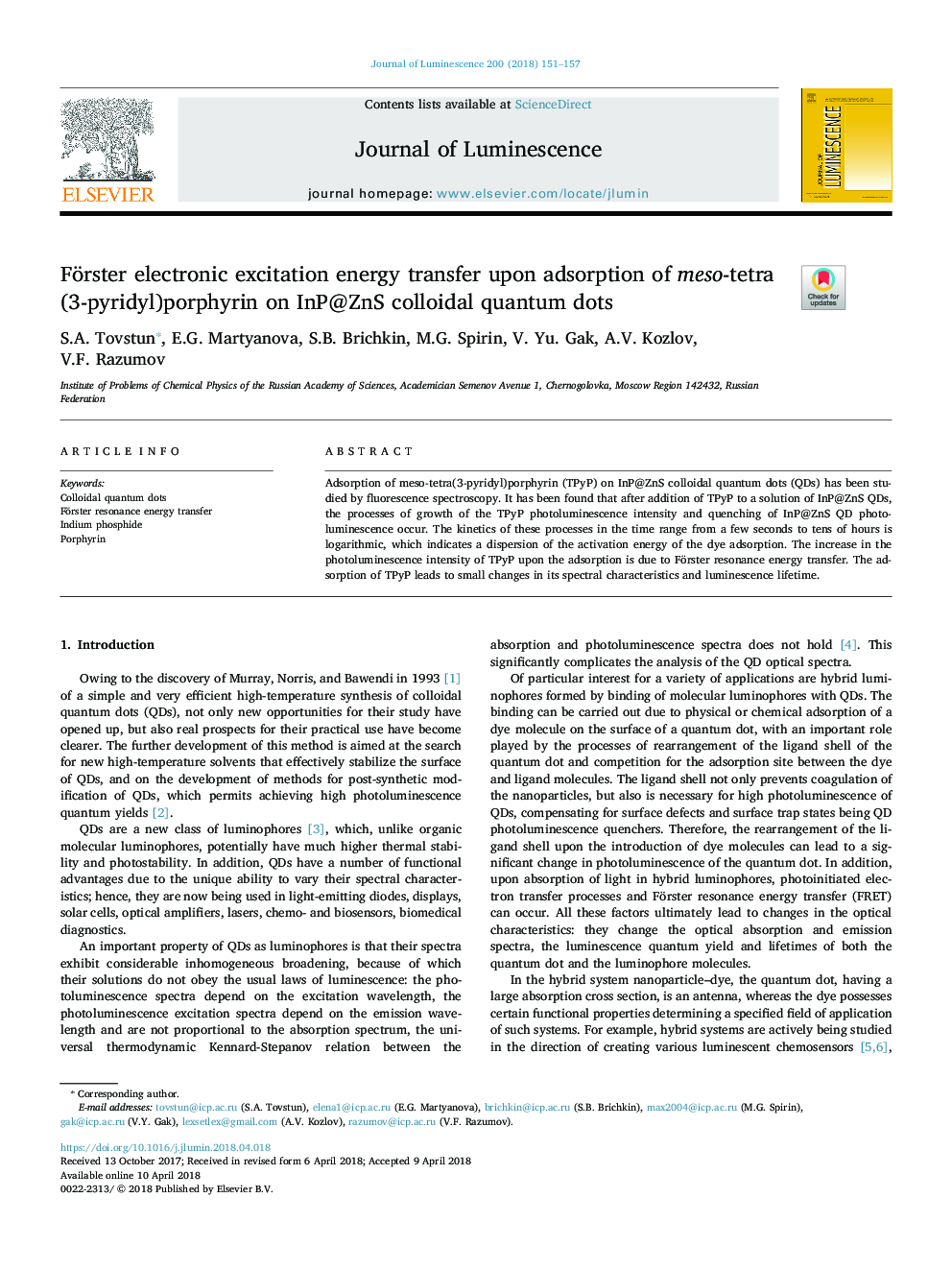 Förster electronic excitation energy transfer upon adsorption of meso-tetra(3-pyridyl)porphyrin on InP@ZnS colloidal quantum dots