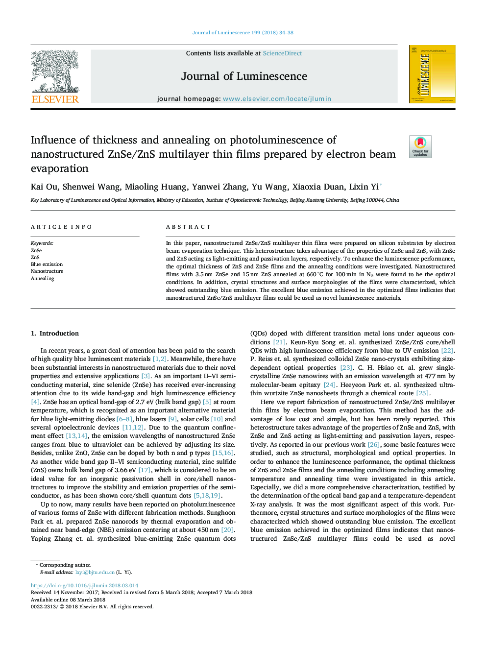 Influence of thickness and annealing on photoluminescence of nanostructured ZnSe/ZnS multilayer thin films prepared by electron beam evaporation