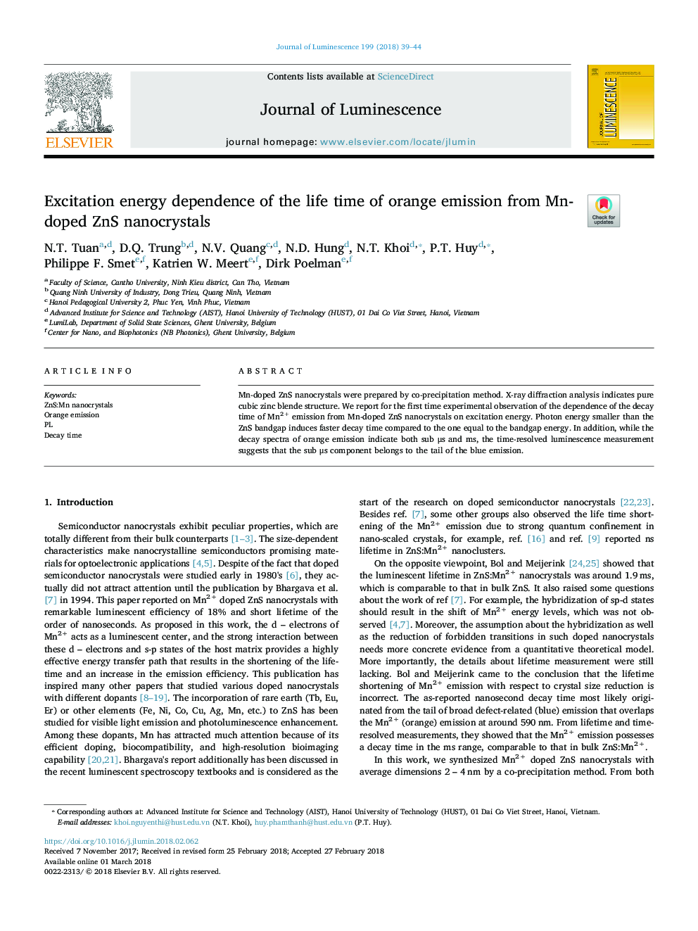 Excitation energy dependence of the life time of orange emission from Mn-doped ZnS nanocrystals