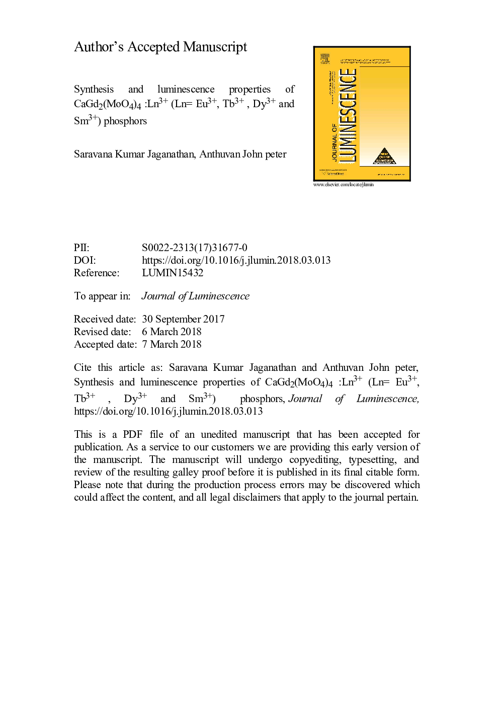 عکس صفحه اول مقاله: Synthesis and luminescence properties of CaGd2(MoO4)4:Ln3+ (Lnâ¯=â¯Eu3+, Tb3+, Dy3+ and Sm3+) phosphors Synthesis and luminescence properties of CaGd2(MoO4)4:Ln3+ (Lnâ¯=â¯Eu3+, Tb3+, Dy3+ and Sm3+) phosphors