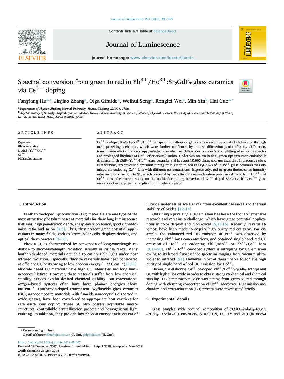 Spectral conversion from green to red in Yb3+/Ho3+:Sr2GdF7 glass ceramics via Ce3+ doping