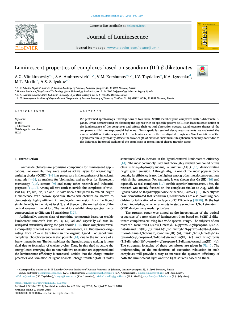 Luminescent properties of complexes based on scandium (III) Î²-diketonates