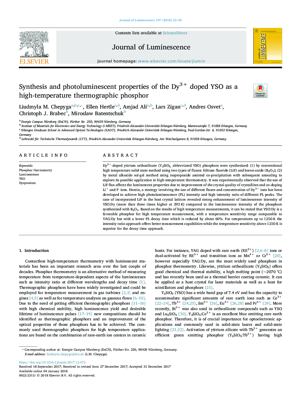 Synthesis and photoluminescent properties of the Dy3+ doped YSO as a high-temperature thermographic phosphor