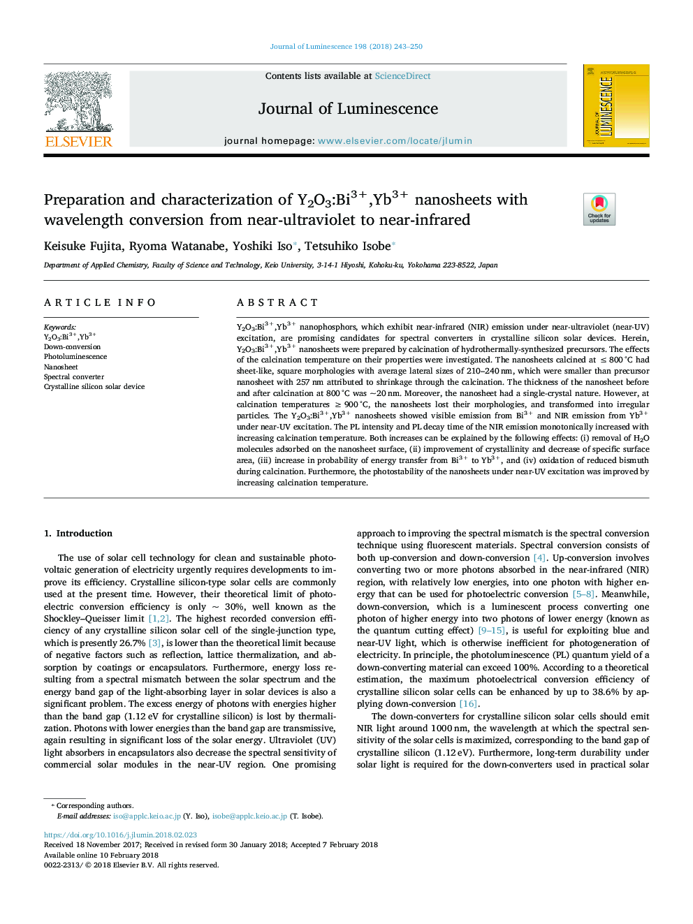 Preparation and characterization of Y2O3:Bi3+,Yb3+ nanosheets with wavelength conversion from near-ultraviolet to near-infrared