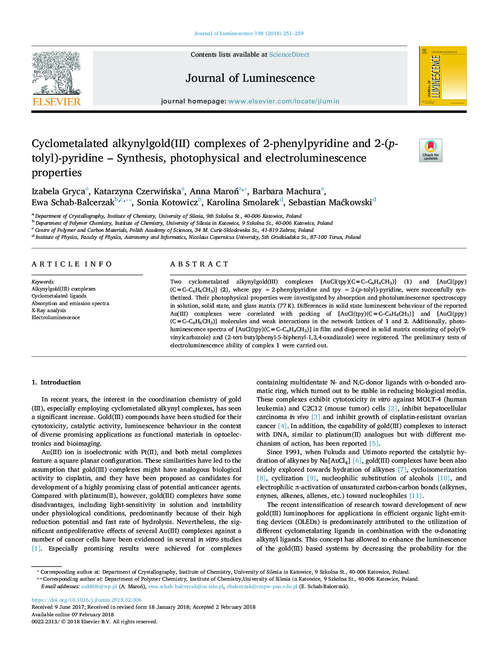 Cyclometalated alkynylgold(III) complexes of 2-phenylpyridine and 2-(p-tolyl)-pyridine - Synthesis, photophysical and electroluminescence properties