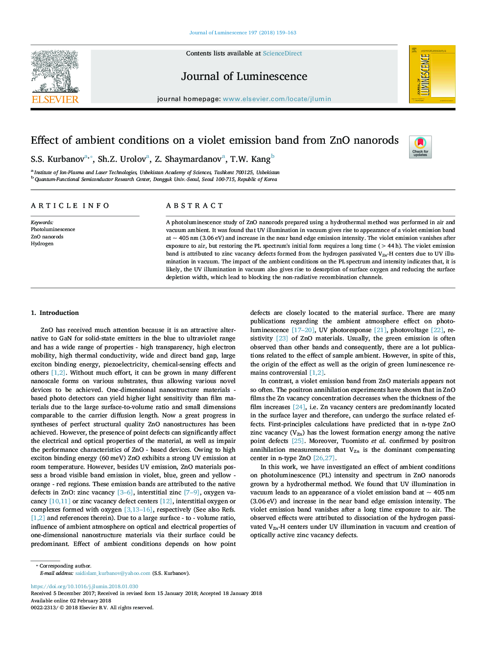 Effect of ambient conditions on a violet emission band from ZnO nanorods