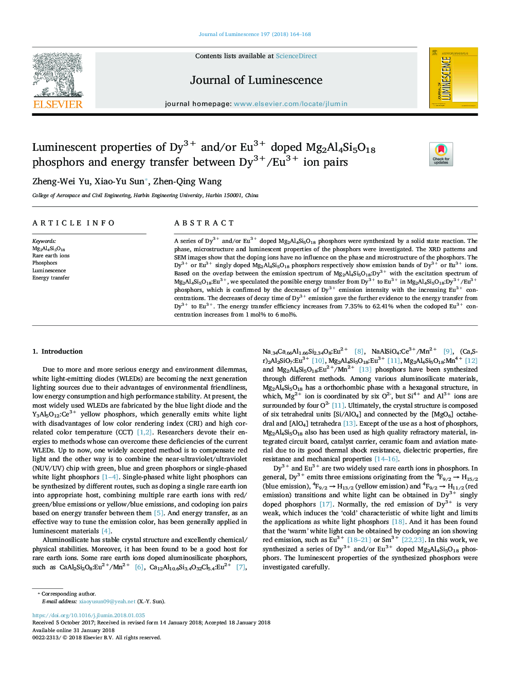 Luminescent properties of Dy3+ and/or Eu3+ doped Mg2Al4Si5O18 phosphors and energy transfer between Dy3+/Eu3+ ion pairs