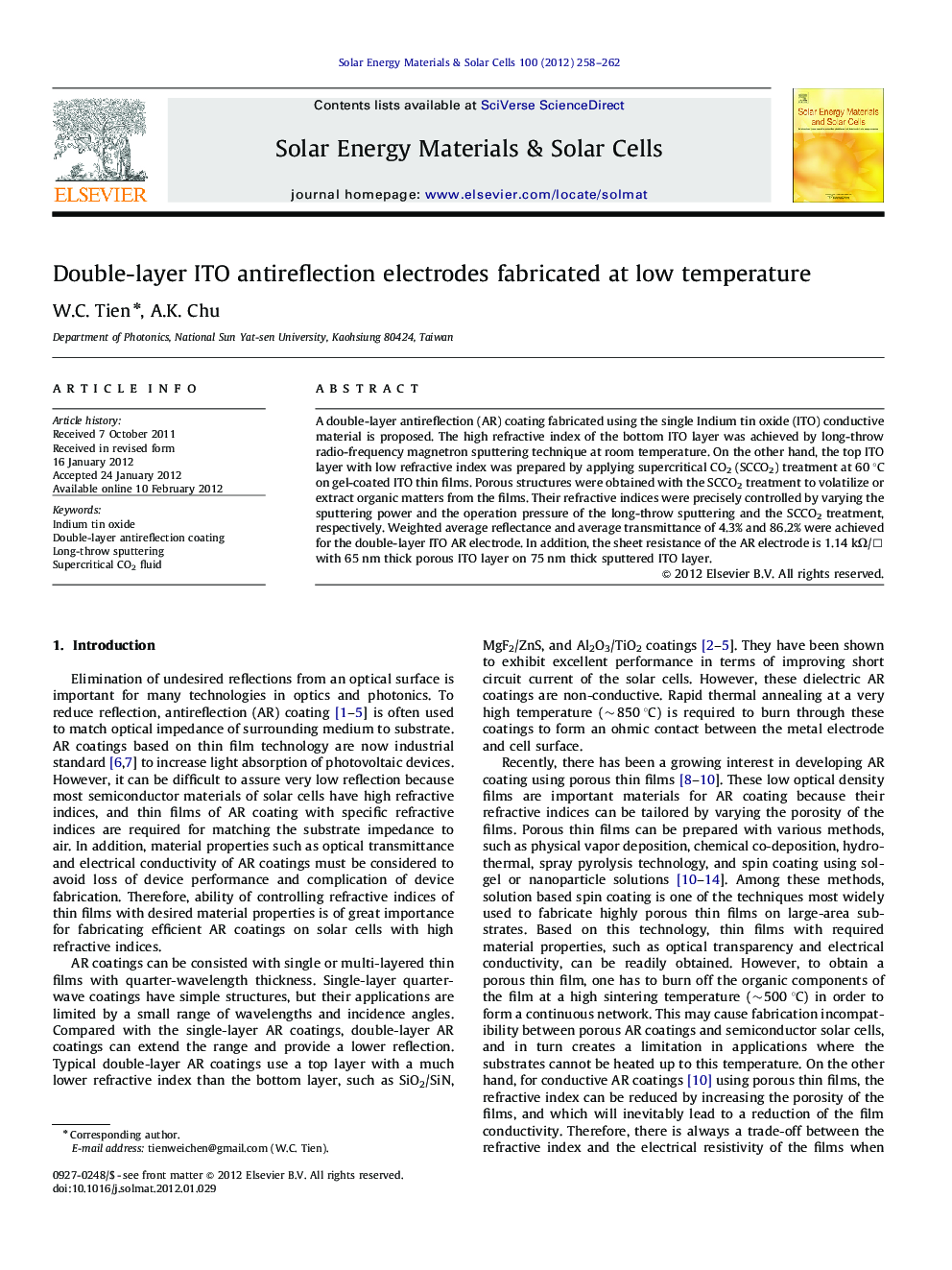 Double-layer ITO antireflection electrodes fabricated at low temperature