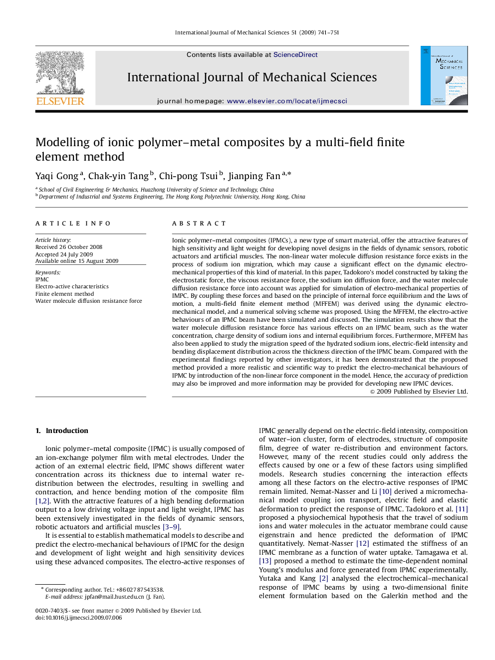 Modelling of ionic polymer–metal composites by a multi-field finite element method