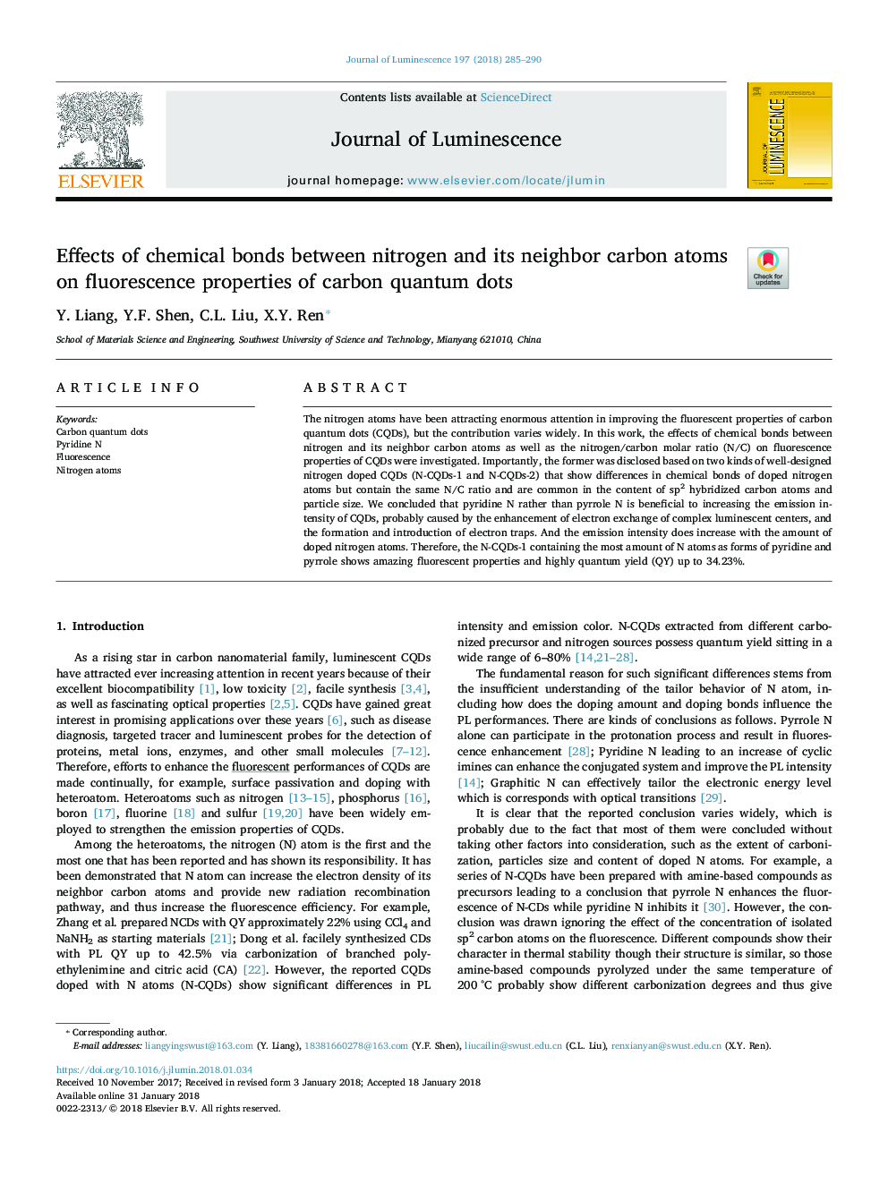 Effects of chemical bonds between nitrogen and its neighbor carbon atoms on fluorescence properties of carbon quantum dots