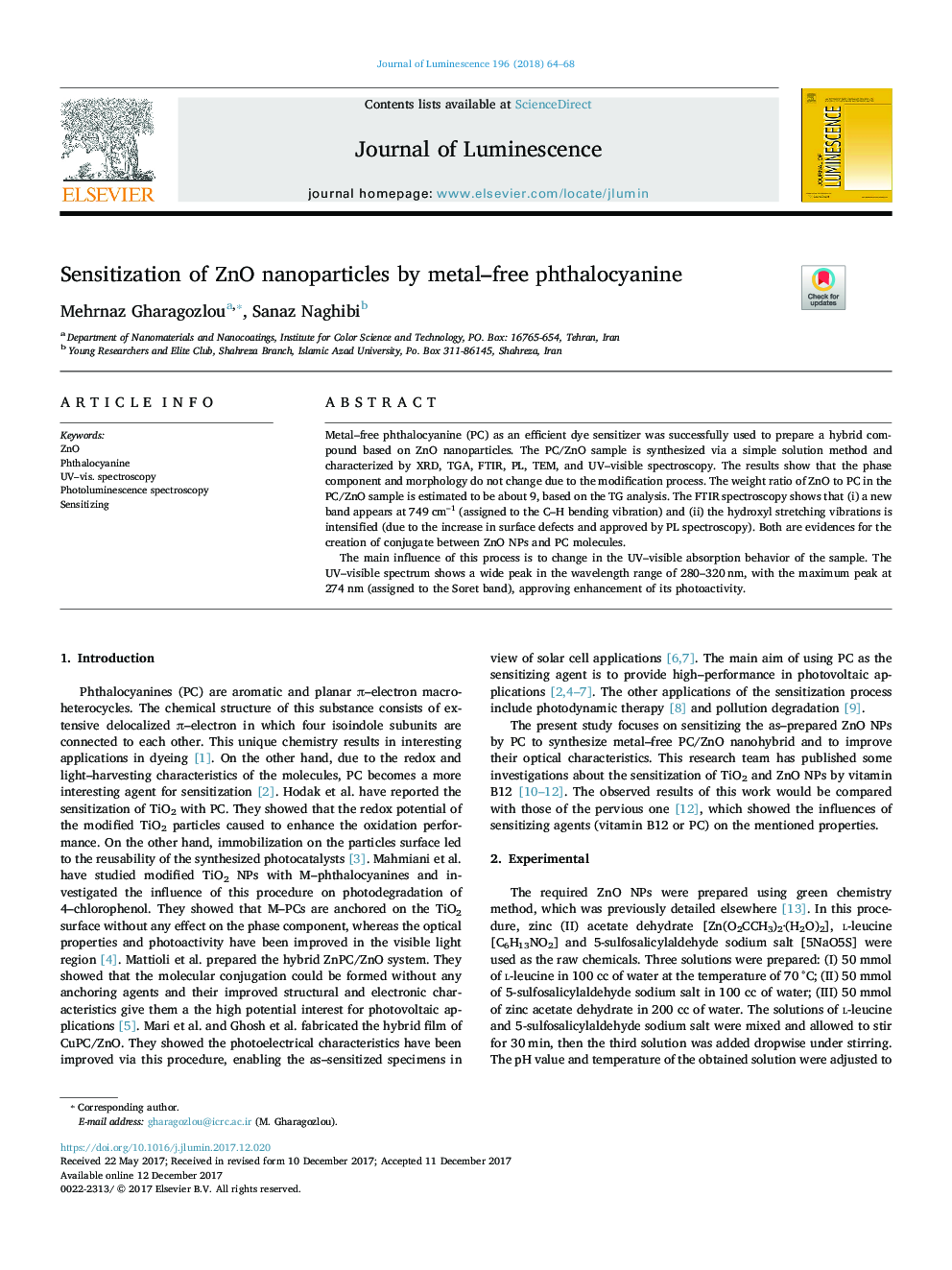 Sensitization of ZnO nanoparticles by metal-free phthalocyanine