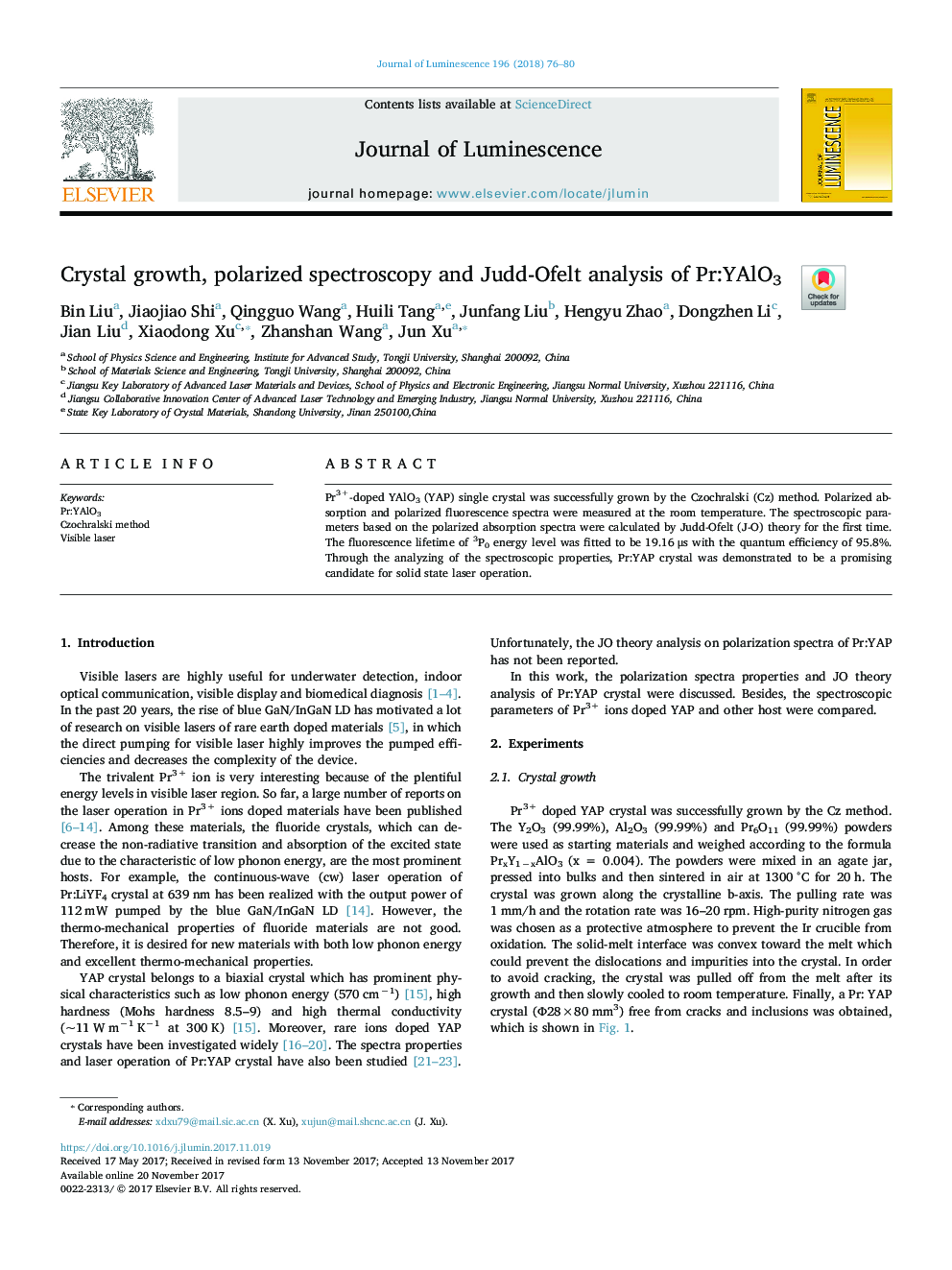 Crystal growth, polarized spectroscopy and Judd-Ofelt analysis of Pr:YAlO3