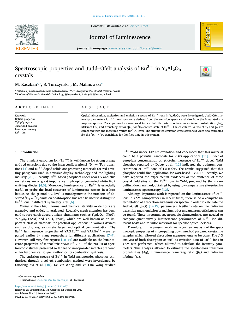 Spectroscopic properties and Judd-Ofelt analysis of Eu3+ in Y4Al2O9 crystals