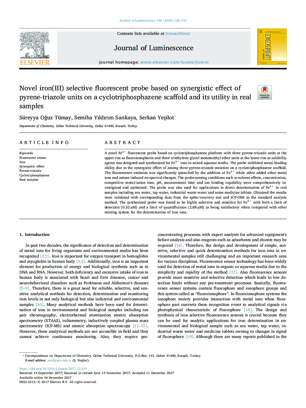 Novel iron(III) selective fluorescent probe based on synergistic effect of pyrene-triazole units on a cyclotriphosphazene scaffold and its utility in real samples