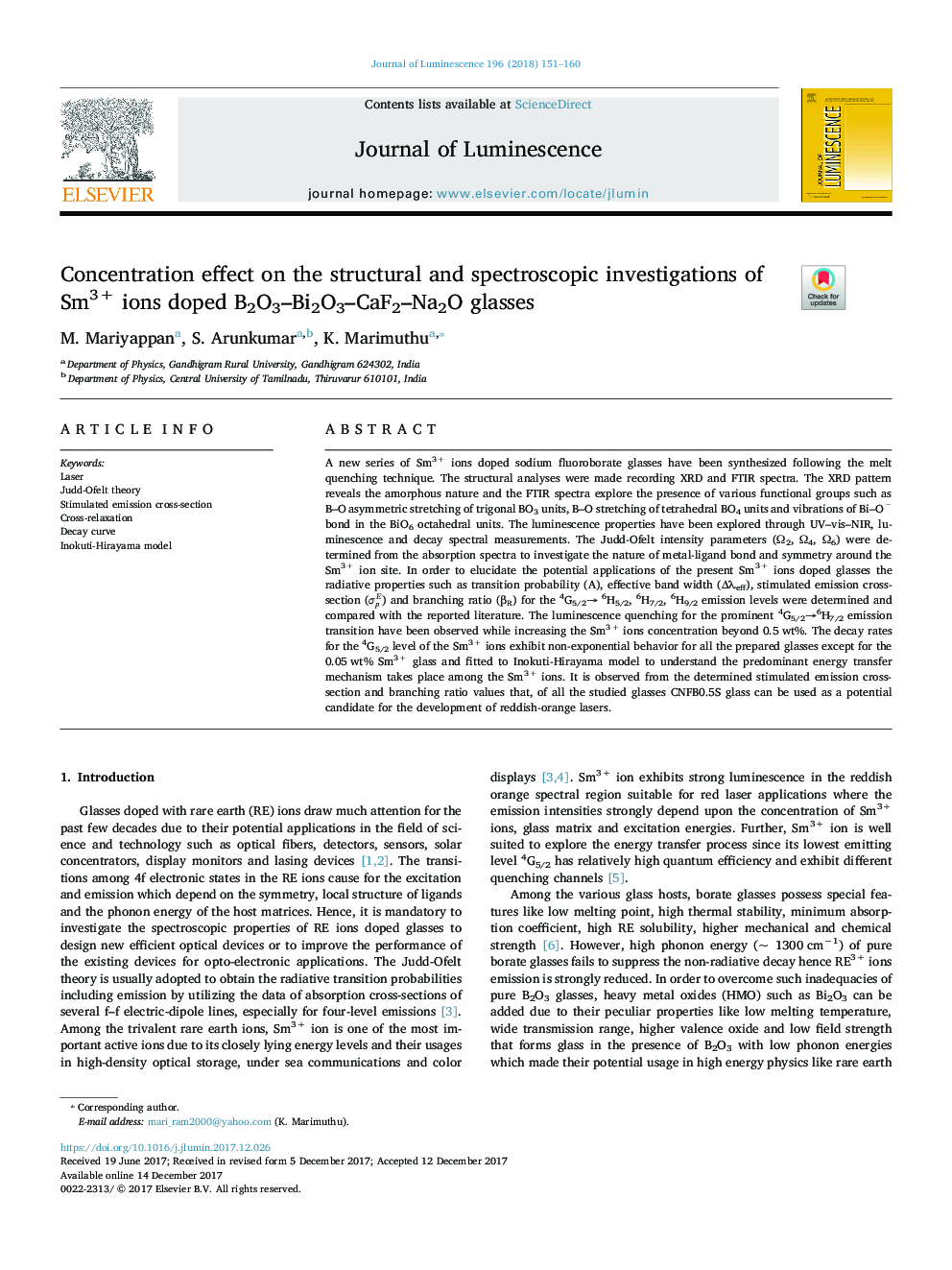 Concentration effect on the structural and spectroscopic investigations of Sm3+ ions doped B2O3-Bi2O3-CaF2-Na2O glasses